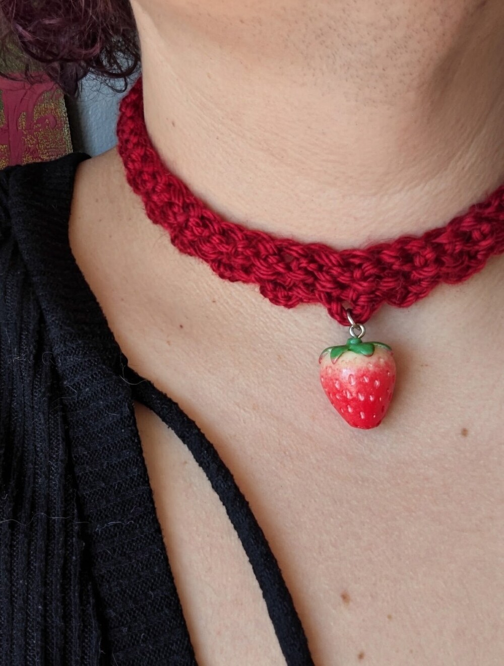 STRAWBERRY WINE 🍷crochet red strawberry charm choker collar necklace
